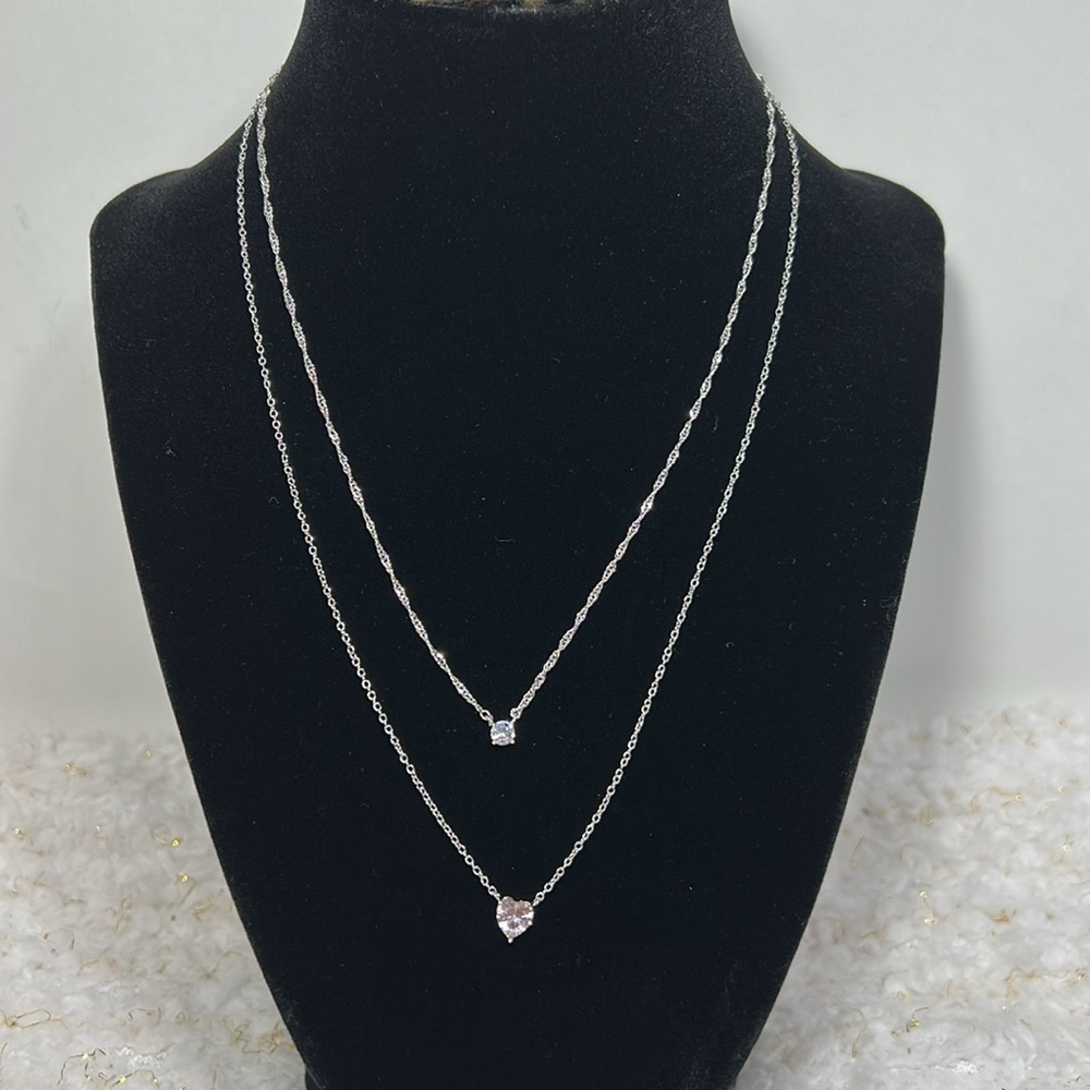 Fine Silver Plated Cubic Zirconia Layered Heart Solitaire‎ Necklace Set